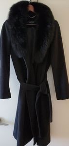 Ellen Tracy Long Black Coat with Fur Collar